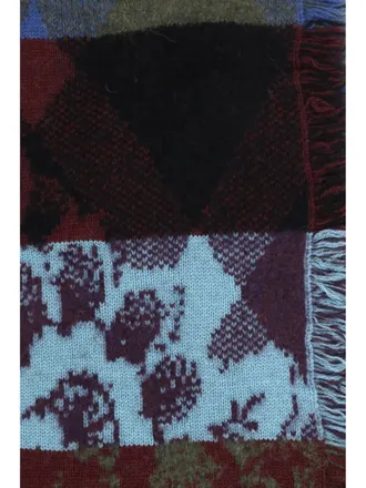 Dries Van Noten Mens Scarf, Mixed Print Fringed - Purple Merino Wool (ovis Aries) Scarfs