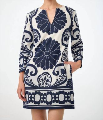 Trina Turk Clip Jacquard 3/4 Sleeve Dress In Blue & White