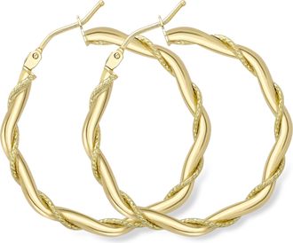 Jewelco London 9ct Gold Rope Entwined Twist Hexagonal Hoop Earrings 2mm - ERNR02324
