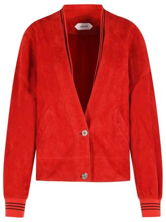 Versace Vibrant Red Suede Jacket With Deep V Neckline