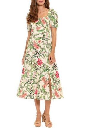 London Times Floral Puff Sleeve Empire Waist Midi Dress in Cream/Pink Flambe at Nordstrom Rack, Size 18