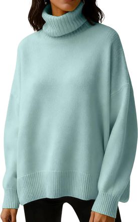 Generic Womens Jumpers Turtleneck Sweater Oversized Long Sleeve Pullover Loose Fit Knitwear Comfortable Ladies Jumpers Light Blue XL