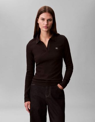 Calvin Klein Jeans Top a maniche lunghe slim nero a coste con colletto stile polo