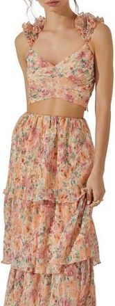 ASTR the Label Floral Ruffle Strap Pliss&eacute; Crop Top in Green Oran at Nordstrom Rack, Size X-Small