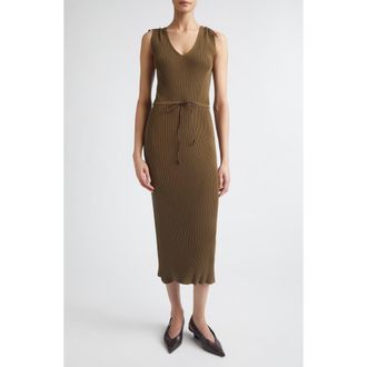 Max Mara Drawstring Cotton Blend Rib Sweater Dress in Mud at Nordstrom, Size X-Large