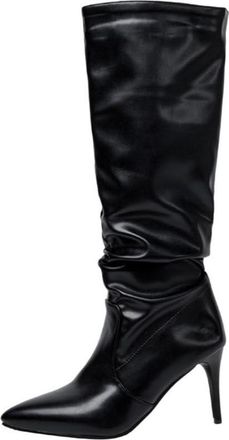 Generic Womens Pointed Toe Slouchy Knee High Boots Faux Leather Stiletto Heel Stylish Comfortable Slip Resistant Wear Resistant For Party Evening Daily,Black,