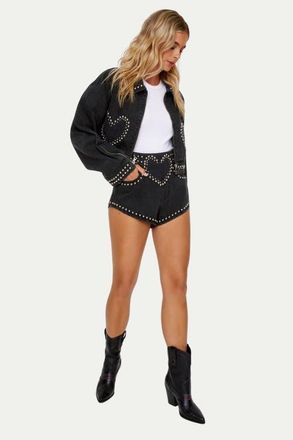 NASTY GAL Heart Studded Cropped Denim Jacket in Washed Black at Nordstrom, Size 12