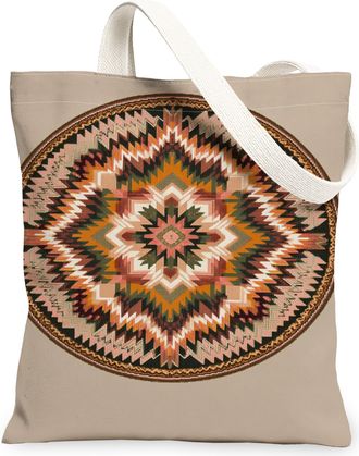 Generic Geometric Pattern Canvas Tote Bags, Vintage Bohemian Design Lightweight Washable Grocery Bags, Stylish Reusable Shoulder St, Beige, 13x15 Inch
