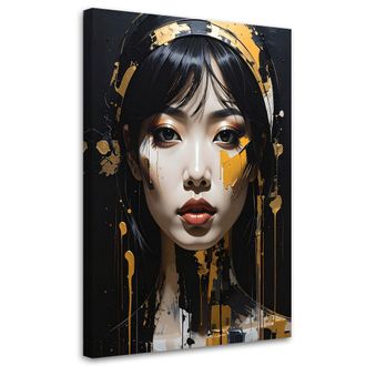 Feeby Cuadro En Lienzo, Retrato De Una Mujer En Dorado Decoraci&oacute;n Moderna Y Glamurosa Sobre Fondo Negro, 80x120