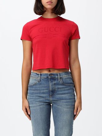 Gucci T-shirt cropped in cotone con logo stampato e vestibilit&agrave; slim