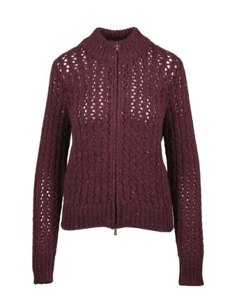 Eleventy Red Alpaca-Blend Lam&eacute; Zip Cardigan