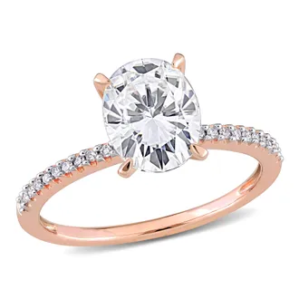 Mimi & Max 2ct DEW Created Moissanite Oval Solitaire and 1/10ct TW Diamond Engagement Ring in 14k Rose Gold