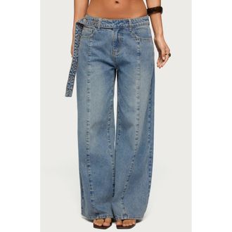 Edikted Button Tab Waist Low Rise Wide Leg Jeans in Light-Blue at Nordstrom, Size X-Small