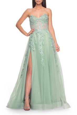 La Femme Sweetheart Strapless Gown with Beautiful Lace Applique in Sage at Nordstrom, Size 14