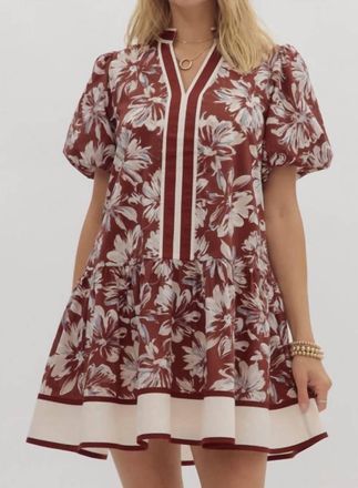 Entro Blossoms Puff Sleeves Dress In Burgundy