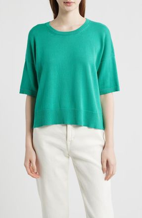 Eileen Fisher Elbow Sleeve Organic Cotton Blend Crewneck Sweater in Sea Star at Nordstrom, Size Xx-Small