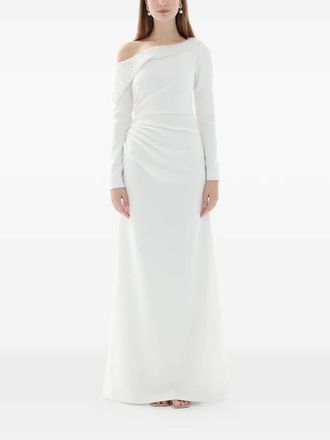 Dina Melwani crystal draped off-shoulder gown - White
