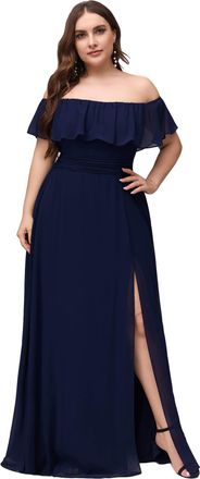 Ever-pretty Ever Pretty Womens Off The Shoulder A Line Elegant Chiffon Long Empire Waist with Ruffles Plus Size Wedding Guest Dresses Navy Blue 18UK