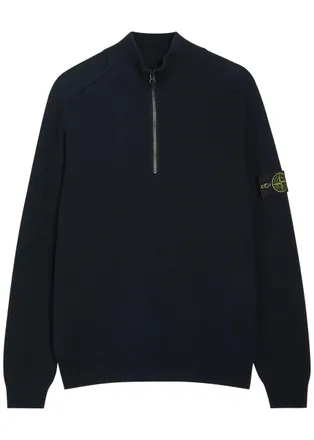 Stone Island Logo-appliqu&eacute;d Half-zip Ribbed Cotton-knit Jumper - Navy - XL
