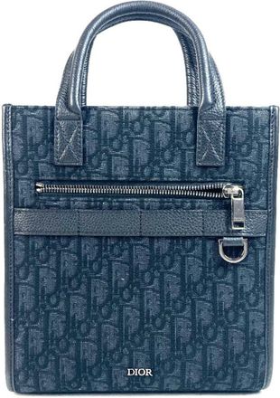 Dior Black Dark Navy Canvas Leather Handbag Tote Bag (Pre-Owned)