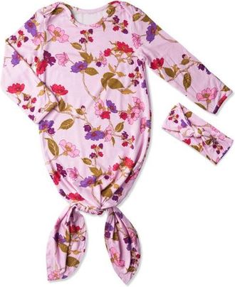 Everly Grey Long Sleeve Knotted Gown & Headwrap Set in Lavender Rose at Nordstrom, Size 0-3M