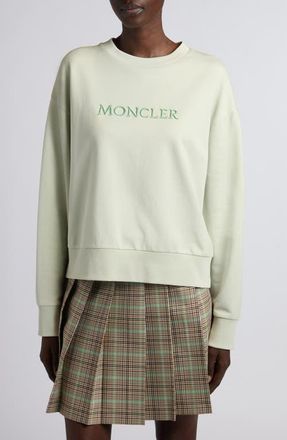 Moncler Logo Embroidered Cotton Fleece Sweatshirt in Green at Nordstrom, Size Xx-Large