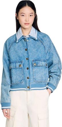 Sandro Rib-trimmed denim jacket in Blue Jean at Nordstrom, Size 38 Eu