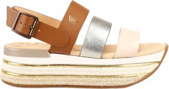 Hogan Womens Leather Wedge Sandals In Brown/silver