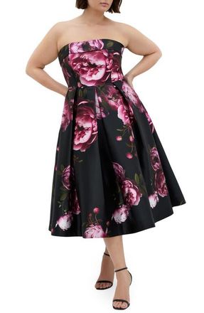 City Chic Tiffany Bloom Strapless Cocktail Dress in Multi Bloom at Nordstrom, Size Xxxs