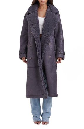 House of CB Deiji Oversize Double Breasted Faux Shearling Coat in Grey at Nordstrom, Size X-Small