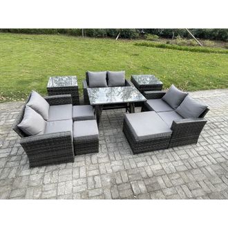 Fimous Fimous Outdoor Lounge Sofa Set Wicker PE Rattan Garden Furniture Set with Rectangular Dining Table 2 Seat Sofa 3 Footstools 2 Side Tables Dark Grey