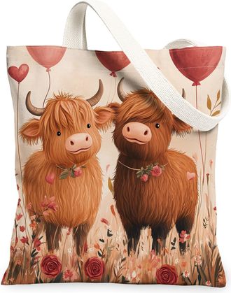 Generic Valentines Day Goose Canvas Tote Bag for Shopping 13x15, Kid Fun Cute Animal Couple Reusable Grocery Print Bag for Women, Lover Beach Aesthetic Painti