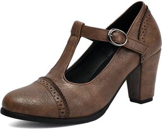 Generic Womens Chunky Heel Mary Jane Shoes with Brogue Details & T-Strap for Office, Party and Formal Events,Brown,6.5 UK