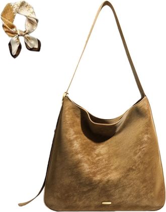 Generic Women Suede Slouchy Bucket Bag,Retro Suede Hobo Crossbody Bag,Casual Trendy Adjustable Strap PU Shoulder Tote Bags