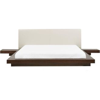 Beliani Beliani - Cama Moderna 180 X 200 Cm Con Plataforma Mesitas De Noche Cabecero De Piel Sint&eacute;tica Mdf Madera De Fresno Oscuro Zen