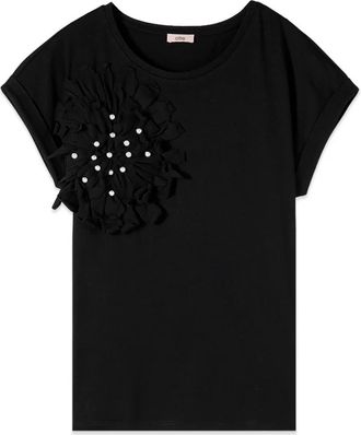 Oltre T-shirt met applicatie en parels - Dames - T-shirts - Zwart - M - Katoen - Tops