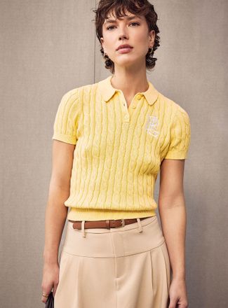 Lauren Ralph Lauren Womens Butter yellow embroidered cable-knit Polo Shirt shirt