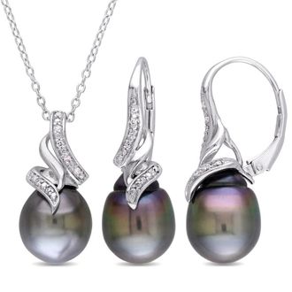 Amour 2 Pc Set Of 9 - 9.5 Mm Black Tahitian Pearl and 1/10 CT TW Diamond Vintage Drop Pendant and Chain and Leverback Earrings In Sterling Silver