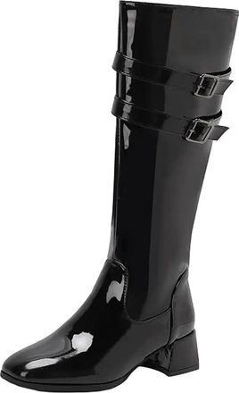 Generic Womens Knee High Boots Square Toe Medium Chunky Heel With Side Zipper And Belt Clasps For Daily Leisure Wear