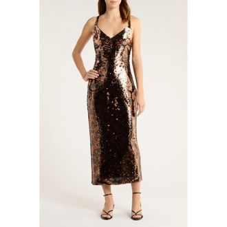 L'agence Noella Leopard Sequin Midi Sheath Dress in Brown Multi Amur Leopard at Nordstrom Rack, Size 14