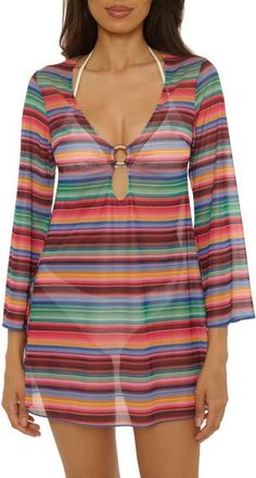 BECCA by Rebecca Virtue Vallarta Long Sleeve Sheer Mesh Cover-Up Tunic in Red Multi Stripe at Nordstrom, Size Medium