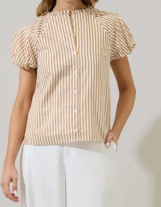 Sugarlips Neutral Striped Puff Sleeve Button Up Top In Taupe Multi