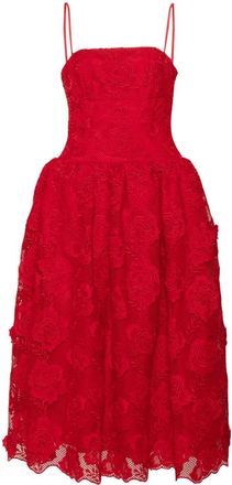 Self Portrait bandeau-style lace midi dress - women - Polyester/Polyester - 12 - Red