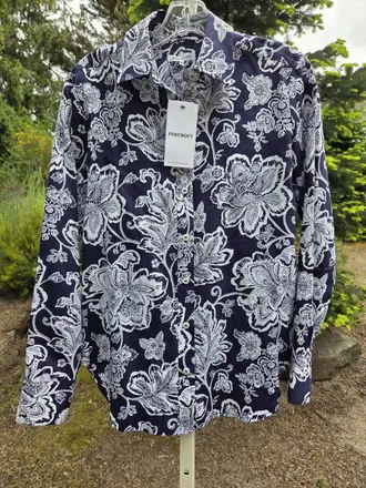 Foxcroft Womens Button Down Blouse In Navy/white Print