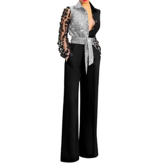Generic Womens Lapel Sexy Deep V Lace Stitching Bell Bottoms Jumpsuit Jumpsuits Sequin Black