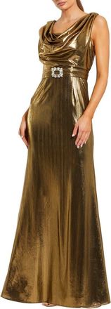 Mac Duggal Metallic Sleeveless Cowl Neck Gown With Belt in Antique Gold at Nordstrom, Size 12
