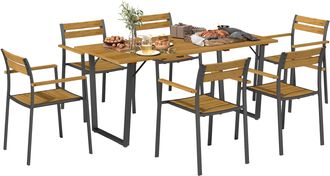OUTSUNNY 7 Piece Garden Dining Set with Table and 6 Stackable Chairs - Brown | TJ Hughes
