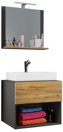 ebuy24 Ebuy24 - Vcm 3 Pcs Fregadero Ancho 80 Cm Set De Muebles De Ba&ntilde;o Lavabo Lendas Ll Espejo (antracita / Roble Miel)