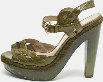 Sergio Rossi Olive Green Patent Leather Platform Ankle Strap Sandals