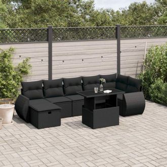 vidaXL Set De Sof&aacute;s De Jard&iacute;n 8 Piezas Y Cojines Rat&aacute;n Sint&eacute;tico Negro